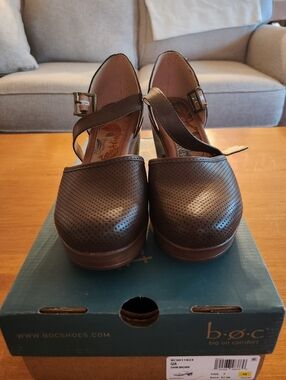 b.o.c. Gia Women's Dark Brown Perforated Clog Heels wth Buckle Strap